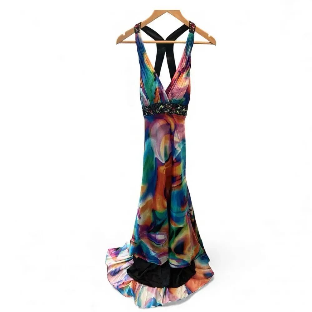 Vintage Caché Multicolor Rhinestone Embellished Open Back Maxi Dress Size - Picture 2 of 8